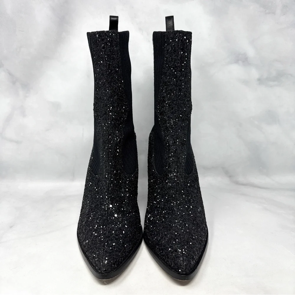 Jimmy Choo Mele Glitter 85 Chelsea Stretch Knit Block Heel Ankle Boots Black 36
